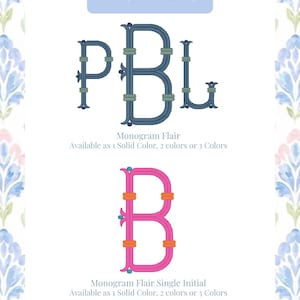 May include: The image displays two monogram font options. The top font spells "PBL" in a dark blue color with green accents. The bottom font is a single letter "B" in bright pink with orange accents. The text "FONTS" is at the top.