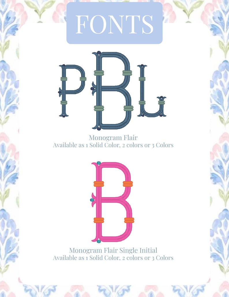 May include: The image displays two monogram font options. The top font spells "PBL" in a dark blue color with green accents. The bottom font is a single letter "B" in bright pink with orange accents. The text "FONTS" is at the top.