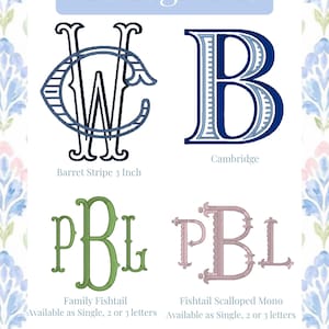 May include: An image showcasing four monogram designs in various styles. The designs include "Barret Stripe 3 Inch", a stylized "B" labeled "Cambridge", "Family Fishtail", and "Fishtail Scalloped Mono". Each design is available as single, 2, or 3 letters.