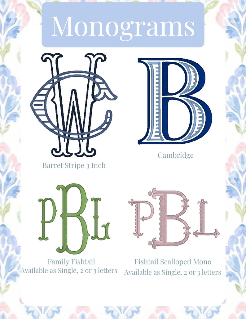 May include: An image showcasing four monogram designs in various styles. The designs include "Barret Stripe 3 Inch", a stylized "B" labeled "Cambridge", "Family Fishtail", and "Fishtail Scalloped Mono". Each design is available as single, 2, or 3 letters.