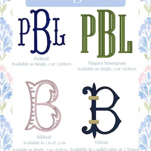 May include: An image showcasing four monogram designs: Fishtail, Niagara Monogram, Ribbed, and Trieste. Each design features the letters P, B, and L. The Ribbed design is available in 3 and 3.5 inches. The text "Monograms" is at the top.