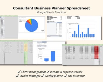 May include: A digital spreadsheet template titled "Consultant Business Planner Spreadsheet" with various charts and tables. Features include client management, income & expense tracking, invoice management, weekly planning, and tax estimation.