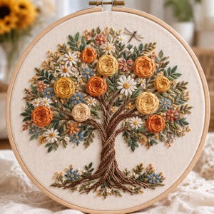 May include: A detailed embroidery of a tree with a textured brown trunk and branches, adorned with colorful flowers in shades of yellow, orange, white, and blue. The embroidery is set in a round wooden hoop, creating a framed artwork.