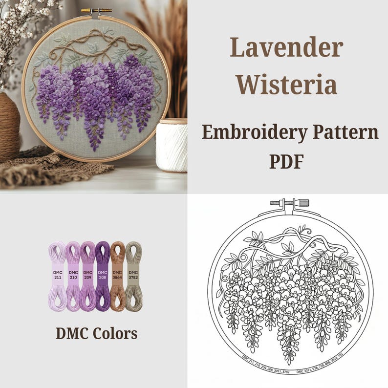Wisteria Embroidery Pattern PDF, Lavender Floral Hoop Art (instant ...