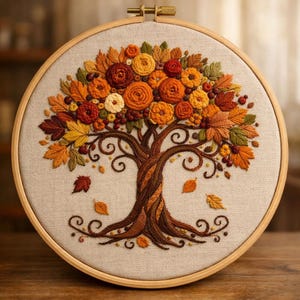 Può includere: Un ricamo a mano con un design dettagliato di un albero autunnale. L'albero ha un tronco e rami marroni, adornati con foglie e fiori colorati nei toni dell'arancione, giallo e rosso. Il ricamo è posto su uno sfondo di tessuto neutro.