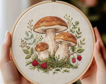 May include: Embroidered mushroom art in a wooden hoop. The design features three brown and white mushrooms surrounded by green foliage and red raspberries, all stitched on a cream-colored fabric. The embroidery is held by a wooden hoop.