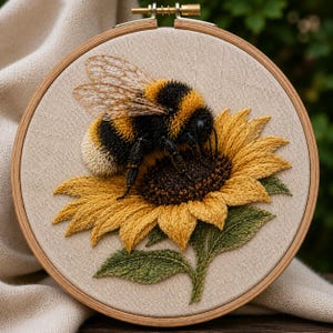 May include: An embroidered artwork featuring a bumblebee on a sunflower, framed in a wooden hoop. The bee is black and yellow, with detailed wings. The sunflower has yellow petals and a brown centre, with green leaves.