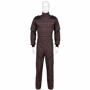 May include: A dark brown jumpsuit featuring a high mock neck collar, horizontal white stitching across the chest, and dark navy shoulder panels. The long sleeves have black ribbed cuffs, and the trousers include reinforced knee sections.
