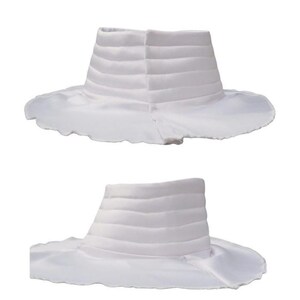 May include: Two white fabric collars featuring a high, structured neck with horizontal quilted stitching and a wide, flat, circular base that flares outward. The collars are made of a smooth, solid white material with a clean, finished edge.