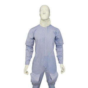 May include: A light blue jumpsuit featuring short sleeves with layered shoulder detailing, a high ribbed white collar, and two large patch pockets on the front of the thighs. The garment is displayed on a plain white mannequin torso.