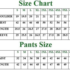 May include: A size chart table with dark green text on a white background. The top section lists shoulder, chest, length, and sleeve measurements in inches for sizes S through 6XL. The bottom section lists waist and length for pants sizes.