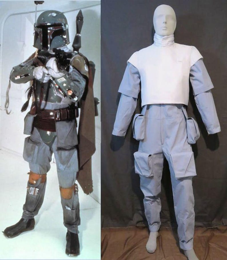 May include: A side-by-side comparison of a full-body armored costume featuring a helmet, chest plate, and utility belt, next to a light gray jumpsuit with a white chest piece, short sleeves, and multiple cargo pockets on the legs and hips.