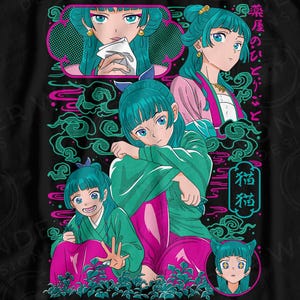 Puede incluir: Camiseta negra con un gráfico de estilo anime colorido que representa a varios personajes con cabello turquesa y ropa rosa y verde. El diseño incluye texto japonés y las palabras "DIGITAL DOWNLOAD ONLY".