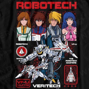 May include: Black t-shirt featuring a graphic design with the word "ROBOTECH" in red. The design includes anime-style characters and a Veritech fighter jet. The text "VF-1J VALKYRIE" is also visible. The image is a digital download.