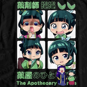May include: Black t-shirt featuring a four-panel anime-style illustration of a character with different expressions. The text "The Apothecary" is below the illustration. The shirt also has Japanese text.