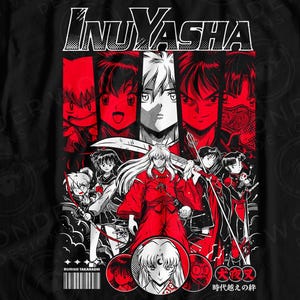 Puede incluir: Camiseta negra con un diseño gráfico de la serie de anime Inuyasha. El diseño incluye el título "Inuyasha" en blanco y varios personajes en rojo y blanco. La camiseta también incluye el texto "DIGITAL DOWNLOAD ONLY".