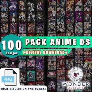 Puede incluir: Un conjunto de 100 diseños de anime en formato PNG, disponibles como descarga digital. La imagen presenta varias ilustraciones de personajes con texto, incluyendo "ANIME DS", "DESCARGA DIGITAL" y "WONDER DESIGNS".