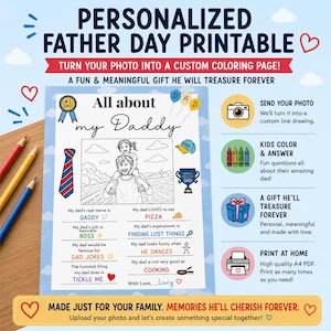 Puede incluir: Una página para colorear imprimible personalizada para el Día del Padre con el texto All about my Daddy, un dibujo lineal de un niño sobre los hombros de un padre y preguntas para completar. Incluye una cinta azul, una corbata y globos.