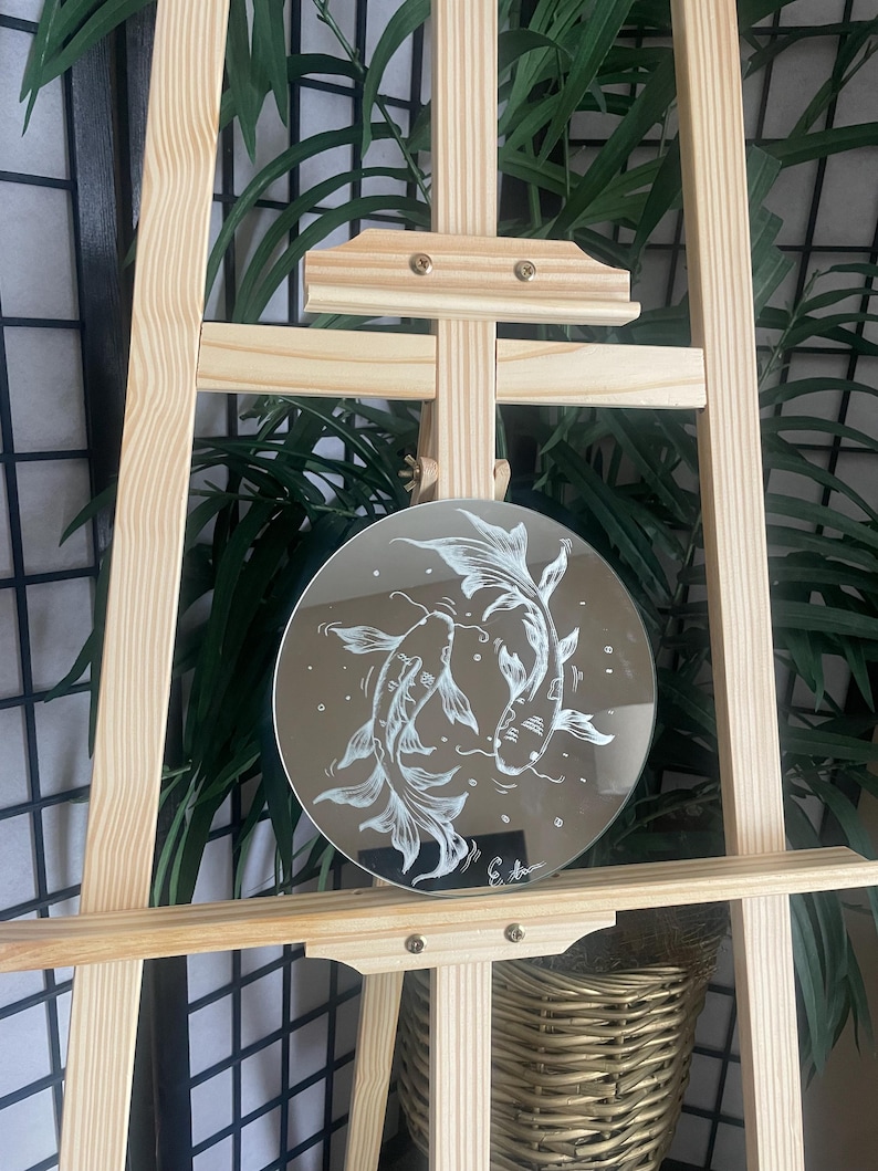 Harmony Koi – Hand-Etched Decorative Mirror | Zen Fish Wall Art | Minimalist Japanese Inspired Mirror (SOLD) image 1