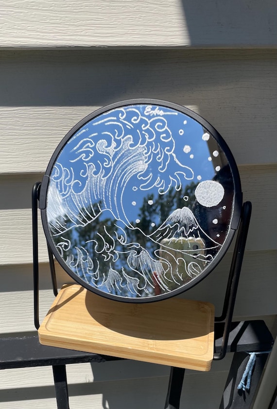 Wave – Hand-Etched Decorative Mirror | Zen Water Art | Minimalist Japanese Inspired Mirror