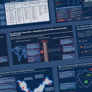 Könnte beinhalten: Eine Sammlung von Informationsgrafiken mit Text und Diagrammen auf dunkelblauem Hintergrund. Die Grafiken behandeln Themen wie strategische Imperative, globale Veränderungen und Entwicklungspläne. Der Text enthält Titel wie "The Strategic Imperative" und "The Thirteenth Malaysia Plan".