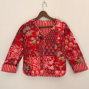 Red Quilted jacket, Patchwork Style, Floral pattern, Ethic jacket