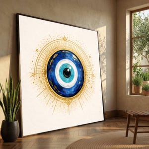 May include: A framed wall art print featuring a watercolor-style eye design. The eye is primarily blue with white and black accents, surrounded by a gold-colored sunburst pattern on a cream background. The artwork is displayed in a room with natural light.