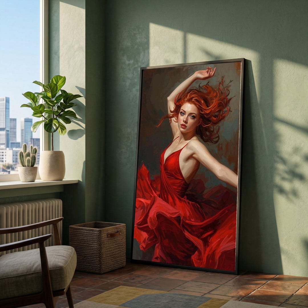Elegant Red Dress Dance, Graceful Woman Canvas Wall Art, Modern ...