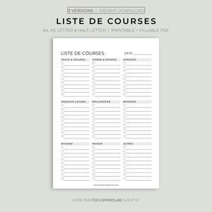 Peut inclure: Une liste de courses imprimable intitulée "LISTE DE COURSES". La liste est divisée en catégories telles que fruits et légumes, viande et poisson, et produits laitiers. Elle comprend des cases à cocher et un espace pour la date.
