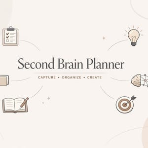 May include: A light beige graphic with the text "Second Brain Planner" and the words "Capture, Organize, Create". The image includes illustrations of a clipboard, file folder, open book, lightbulb, brain, and target.