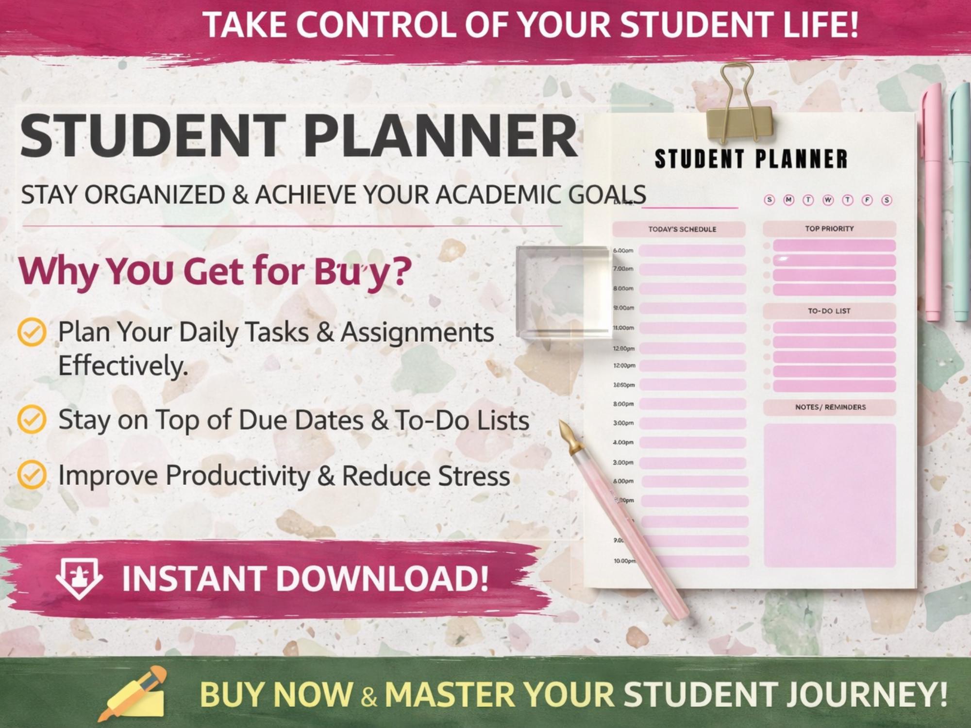Student Study Planner Printable PDF | Student Planner 2026 | Study ...