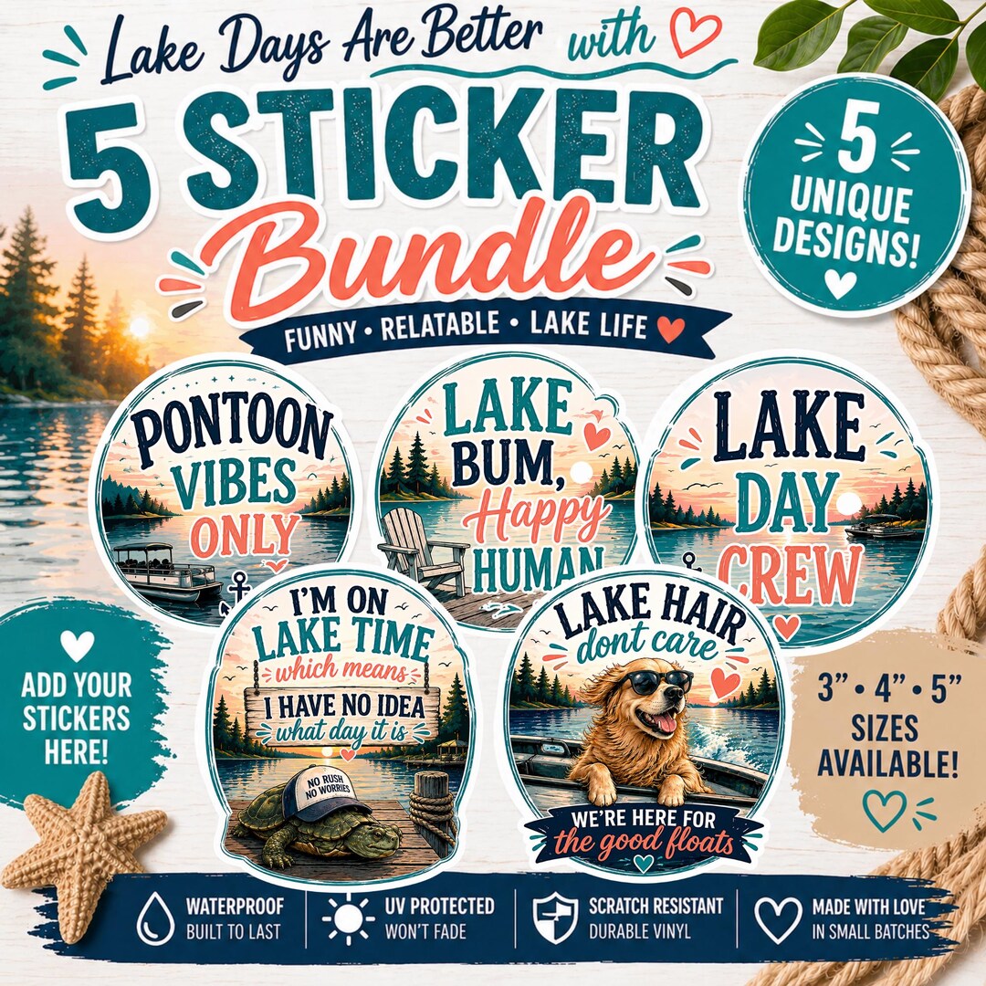 Lake Sticker Designs Funny Lake Life Sticker Bundle | Waterproof Vinyl Decals for Water ...