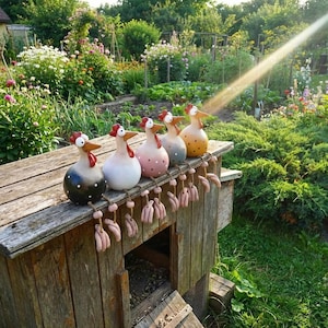 Può includere: Una fila di cinque figurine di galline in ceramica con creste e becchi rossi, appollaiate su una struttura di legno. Le galline sono dipinte in vari colori, tra cui nero con pois bianchi, bianco, rosa con pois, grigio e giallo con pois. La scena è ambientata in un giardino.