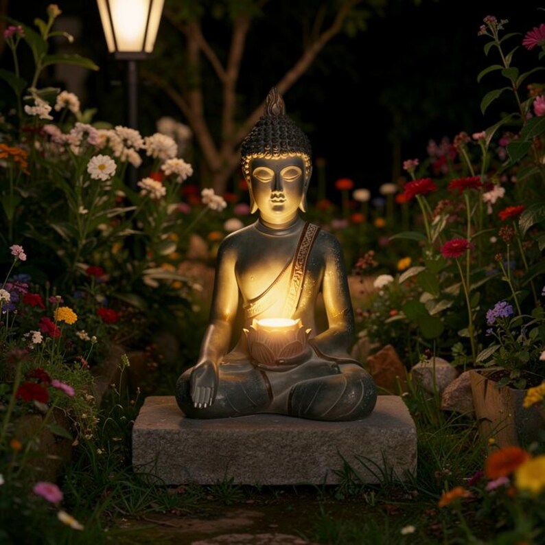 Solar Buddha Garden Statue, Meditating Zen Figurine, Peaceful Outdoor ...