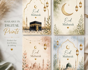 Cartões de Eid Mubarak para imprimir, Cartões de felicitação islâmicos para download digital, Presentes islâmicos, Cartões digitais minimalistas de Eid Mubarak islâmico