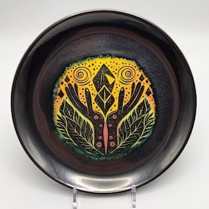 Black Ceramic Wall Plate | Abstract Hands Crystals Dish | Spiritual Art Decor