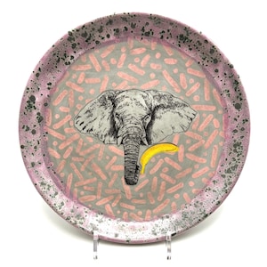Pink Elephant Ceramic Plate, Funky Wall Decor, Handmade Pottery Dish, Memphis Style Art