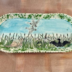 Handmade Ceramic Lake Platter Footed Tray, Beaver Ducks Dragonfly Scene, Wildlife Serving Dish, Nature Wall Art, Hand Painted Pottery