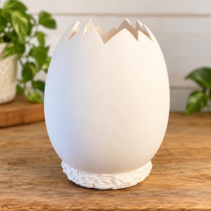 May include: A matte white ceramic vessel shaped like a large, cracked egg. The top edge features jagged, triangular points mimicking a broken shell, while the base is textured with a raised, nest-like pattern of intertwined, organic lines.