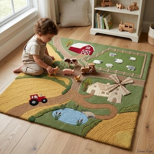 May include: A rectangular area rug featuring a textured farm scene with a red barn, green pastures, a blue pond, a windmill, and yellow fields. The rug includes raised, tufted details of sheep, a tractor, and farm buildings in various colors.