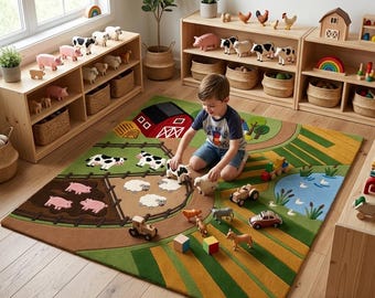 Farm Animals Rug Green Brown Hand Tufted Wool | Barnyard Play Map | Kids Bedroom Decor