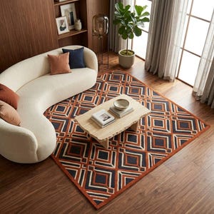May include: A rectangular area rug featuring a geometric pattern of interlocking diamonds and lines in dark navy blue, burnt orange, and cream. The rug is positioned on a wooden floor beneath a curved cream sofa and a light-colored wooden coffee table.