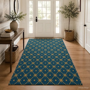 Starburst Rug Teal Gold Hand Tufted Wool | Diamond Lattice Geometric Pattern | Mid Century Decor