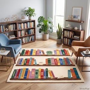 Bookshelf Rug Ivory Multicolor Hand Tufted Wool | Library Reading Scene | Study Decor