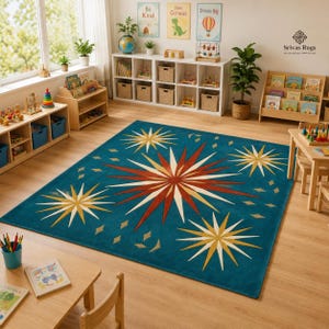Atomic Starburst Rug bleu canard tufté main en laine | MCM moderne milieu du siècle | Décoration rétro