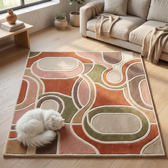 Abstract Organic Rug Rust Orange Hand Tufted Wool | Modern Bubble Shapes | Living Room Decor