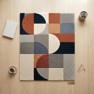 Geometric Area Rug | Hand Tufted Modern Bauhaus Rust Blue Gray Decor