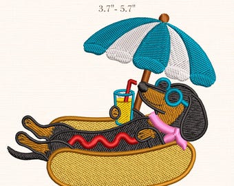Dackel Hot Dog Stickdatei, Lustiger Dackel Hund im Strandurlaub, Maschinenstickdatei