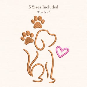 Puede incluir: Un diseño de bordado con la silueta de un perro en líneas marrones, dos huellas marrones y un corazón rosa. El texto dice 5 Sizes Included 3" – 5.7". El diseño presenta un patrón de puntadas texturizado sobre un fondo de color crema claro.