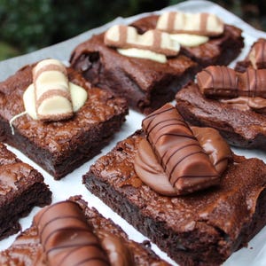May include: A collection of square chocolate brownies arranged on white parchment paper. Each brownie is topped with a piece of chocolate candy, featuring both milk chocolate and white chocolate varieties with visible drizzle and smooth chocolate ganache.